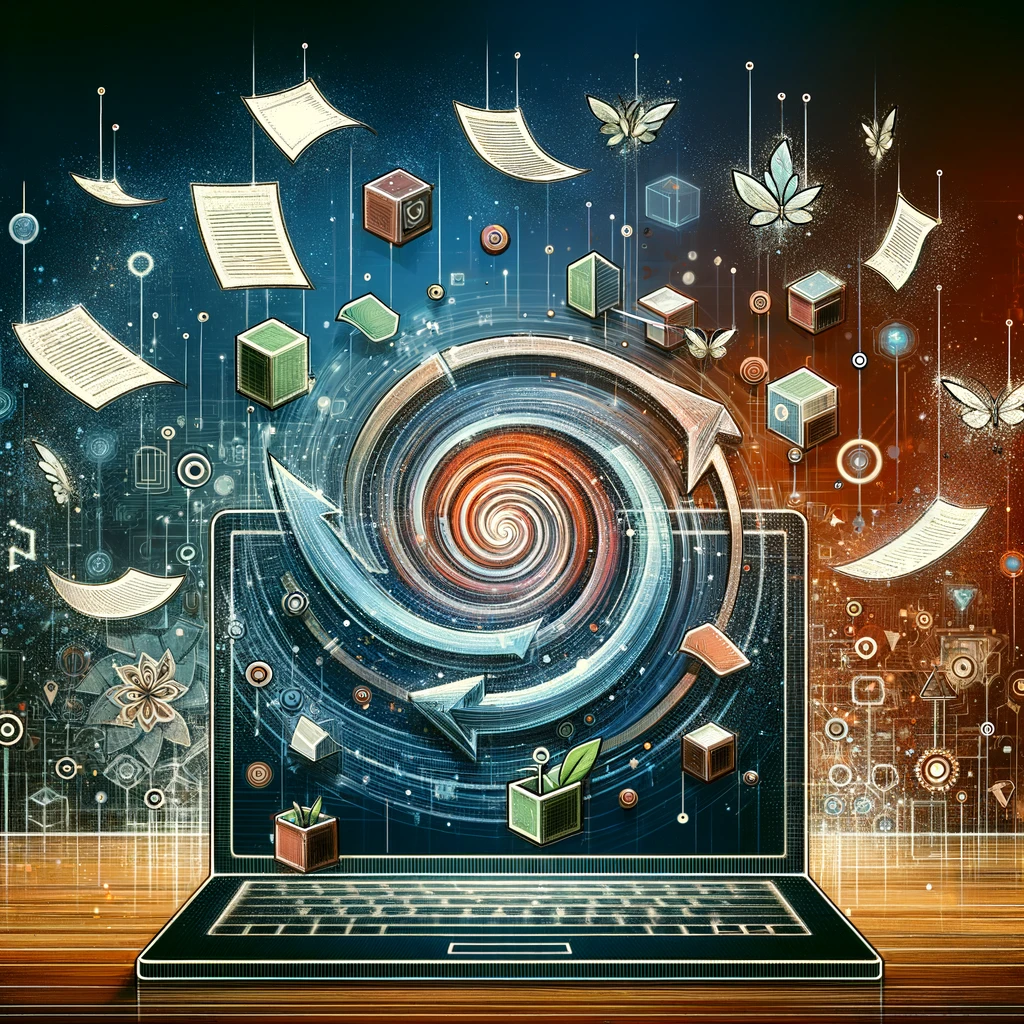 This artistic representation emphasizes the technological process of article spinning, showing the transformation of content within SEO practices