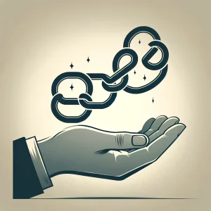 A minimalist design of a hand holding a chain of links, representing the creation of high-quality inbound links. The background is plain with subtle gradient tones.