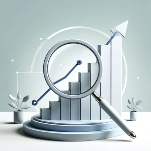 A minimalist design of a magnifying glass over a success graph, symbolizing case studies and successful strategies for inbound links. The background is clean and simple.