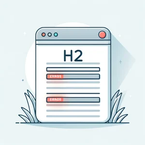 A minimalist illustration of a webpage with highlighted errors in H2 and H3 tag usage. The background is clean and clear.